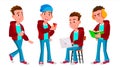 Boy Schoolboy Kid Poses Set Vector. High School Child. Child Pupil. Subject, Clever, Studying. For Postcard