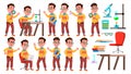 Boy Schoolboy Kid Poses Set Vector. High School Child. Child Pupil. University, Graduate, Class. For Presentation