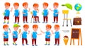 Boy Schoolboy Kid Poses Set Vector. Primary School Child. Beautiful Kid. Alphabet. Youth, Caucasian. For Card