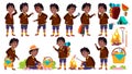 Boy Schoolboy Kid Poses Set Vector. Primary School Child. Black. Afro American. Picnic, Summer Rest. Hike. Vacation