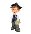 Boy scientist student wearing glasses, holding a book in his hands. Cartoon illustration on a white background.