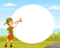 Boy Scout Cartoon Character in Khaki Costume Blowing Trumpet Near Empty Oval Shape Vector Illustration Royalty Free Stock Photo