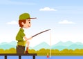 Boy Scout Cartoon Character in Khaki Costume Sitting and Fishing Vector Illustration