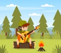 Boy Scout Cartoon Character in Khaki Costume Sitting and Playing Guitar at Campfire Vector Illustration