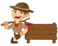 Boy scout cartoon leaning on wooden plank