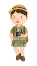 Boy scout with hiking suit hold camera . Realistic watercolor paint with paper textured . Cartoon character design . Vector