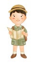 Boy scout with hiking suit hold map . Realistic watercolor paint with paper textured . Cartoon character design . Vector