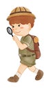 Boy scout with hiking suit look through magnifying glass . Realistic watercolor paint with paper textured . Cartoon character Royalty Free Stock Photo