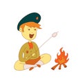 Boy scout sitting by the fire. Vector illustration on white background.