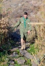 Boy Scout Testing Wood Plank Footbridge Royalty Free Stock Photo