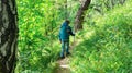 A boy scout with a trekking stick walks through the forest along a tourist route in search of a family camp. A boy with a tourist