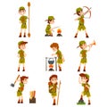 Boy scouts set, boys in scout costumes with hiking equipment, summer camp activities vector Illustrations on a white