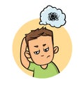 Boy scratching his head trying to remember or thinking hard. Confusion, memory loss. Flat design icon. Flat vector