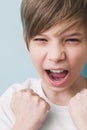 Boy screams and demonstrates his fists in victorious gesture Royalty Free Stock Photo