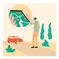 A boy searching car on mobile app, boy searching car following by location illustration concept, Rent a car from unknown location,