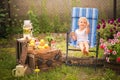 Boy sells homemade lemonade close-up and copy space. The boy in the summer makes homemade lemonade. Children`s games with lemonade