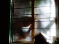 A boy outside looking shadow on glass window