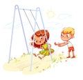 Boy shakes the girl on a swing at the playground