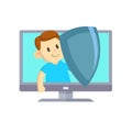 A boy with a shield in a computer monitor. Vector illustration isolated on white. Concept on the topic of child safety