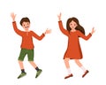 Boy in a shirt, shorts and girl in a dress, shoes with brown hair. Happy smiling kids dance their hands. Teenagers with