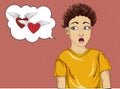 Boy in shock. Valentine Day.Funny hair insert end. Very surprise