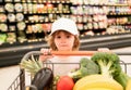 A boy is shopping in a supermarket. Funny customer boy child holdind trolley, shopping at supermarket, grocery store.