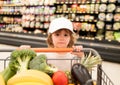 A boy is shopping in a supermarket. Funny customer boy child holdind trolley, shopping at supermarket, grocery store. Royalty Free Stock Photo