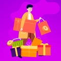 Boy shopping with various shopping bags, girl sitting on gift box Royalty Free Stock Photo