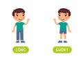 Boy in short and long jeans. Illustration with typography. Flashcard vector template.