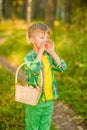 Boy shouting out loud in the forest with hands cupped around mouth Royalty Free Stock Photo