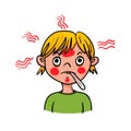 Boy showing symptoms of fever with a fever knife - hand-drawn vector