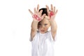 Boy shows a hand stop war sign Royalty Free Stock Photo