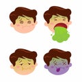 Boy sick dizzy and vomiting icon set cartoon illustration vector