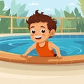 Boy on the side of the pool is smiling. The open air swimming pool. Boy child enjoying vacation. Vector