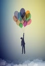 Boy silhouette holds the baloons and flying up to the sky, dreamer concept, flight to the dreamland, shadow story vector