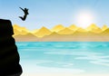 Boy silhouette jumping from cliff to the sea Royalty Free Stock Photo