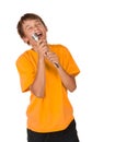 Boy singing karaoke Royalty Free Stock Photo
