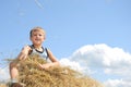 Boy sit on a hayrick and throw a straw Royalty Free Stock Photo