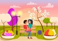 Couple in Love Sits on Bench in Park Illustration