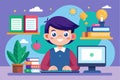 A boy sits at a desk using a computer, surrounded by books and learning materials in a bright study area, Online learning Royalty Free Stock Photo