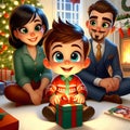 A boy sits in front of the Christmas tree with his mom and dad and opens gifts. Royalty Free Stock Photo