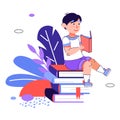 Boy sits on stack of books and reading, cartoon vector illustration isolated. Royalty Free Stock Photo
