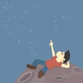 A boy sits on the surface of the moon and explores the constellations in the sky (alien or just a dream)