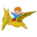 The boy sitting on the big pterodactylus and open his hand