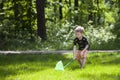 Boy Sitting Butterfly Net. Royalty Free Stock Photo