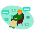 Boy sitting on chair and chatting on smartphone, sms and emoji around, vector illustration