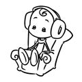 Boy sitting chair listening music headphones cartoon