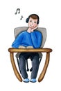 Boy is sitting at the desk, reading a book and listening music. Watercolor hand drawn illustration in cartoon doodle style. Blue Royalty Free Stock Photo