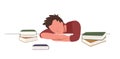 Boy sitting at desk and sleeping or taking nap among books while preparing for school or university examination or test