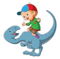 The boy is sitting on the dinosaur stegoceras Royalty Free Stock Photo